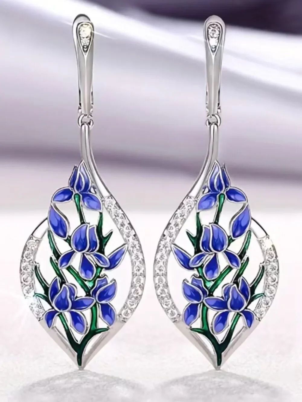 NWT Blue Enamel Orchid Flower Drop Earrings Silver Art Nouveau CZ Leverback